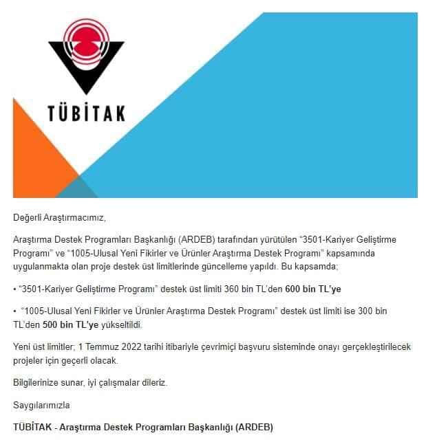 TÜBİTAK 3501 Kariyer Geliştirme Programı Destek Üst Limiti 360 bin TL'den 600 bin TL'ye Yükseltilmiştir